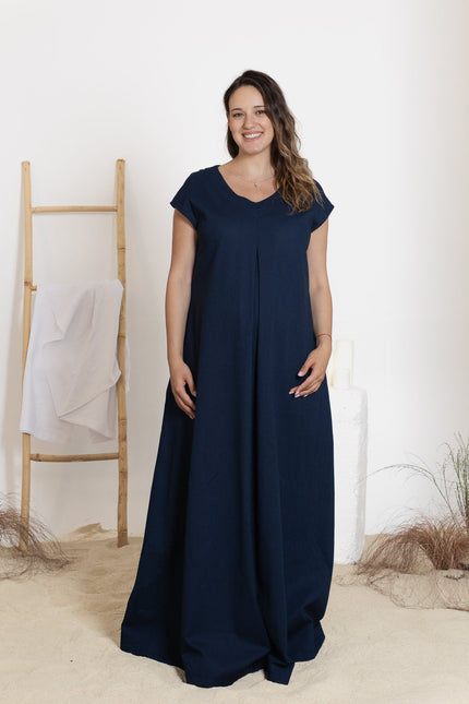 Front view of maxi linen dress in dark blue