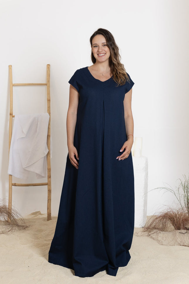 Front view of maxi linen dress in dark blue