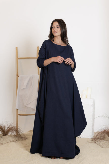 Front view of maxi linen dress in dark blue