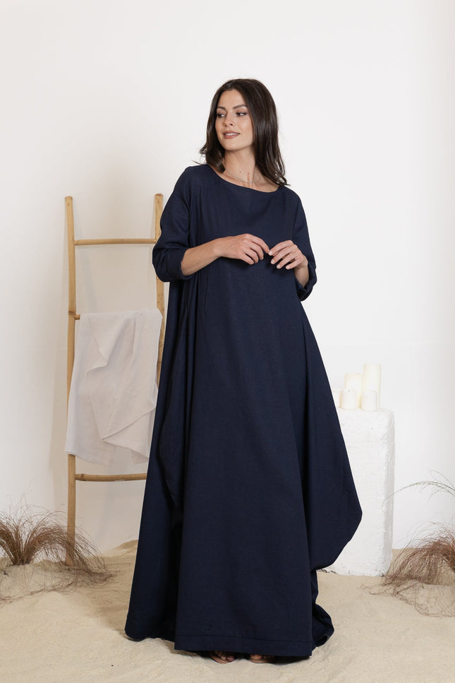 Front view of maxi linen dress in dark blue
