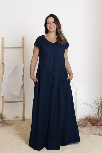 Front view of maxi linen dress with pockets