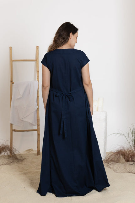 Back view of maxi linen dress with back tie
