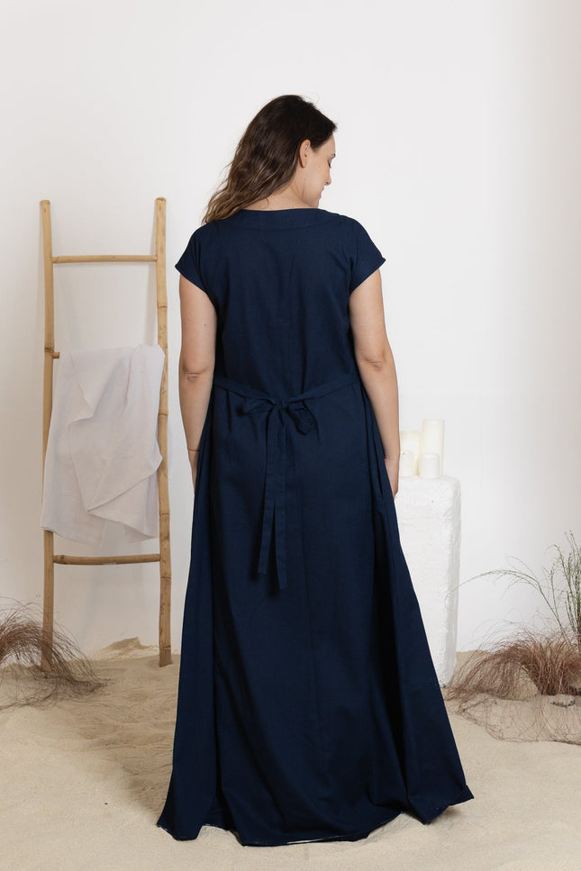 Back view of maxi linen dress with back tie