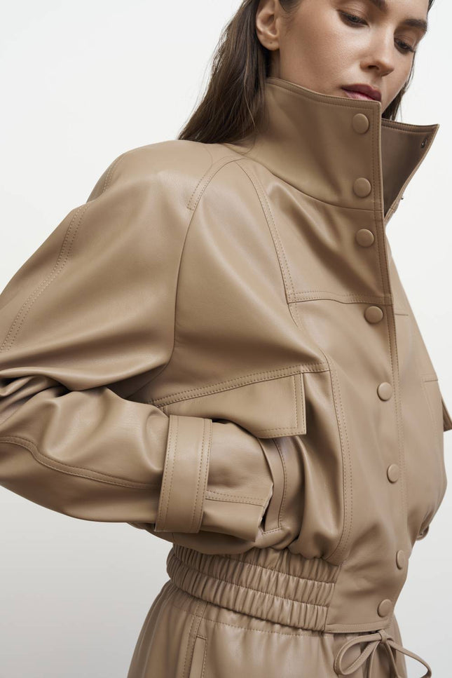 Kolosova | Beige Eco-Leather Bomber Jacket