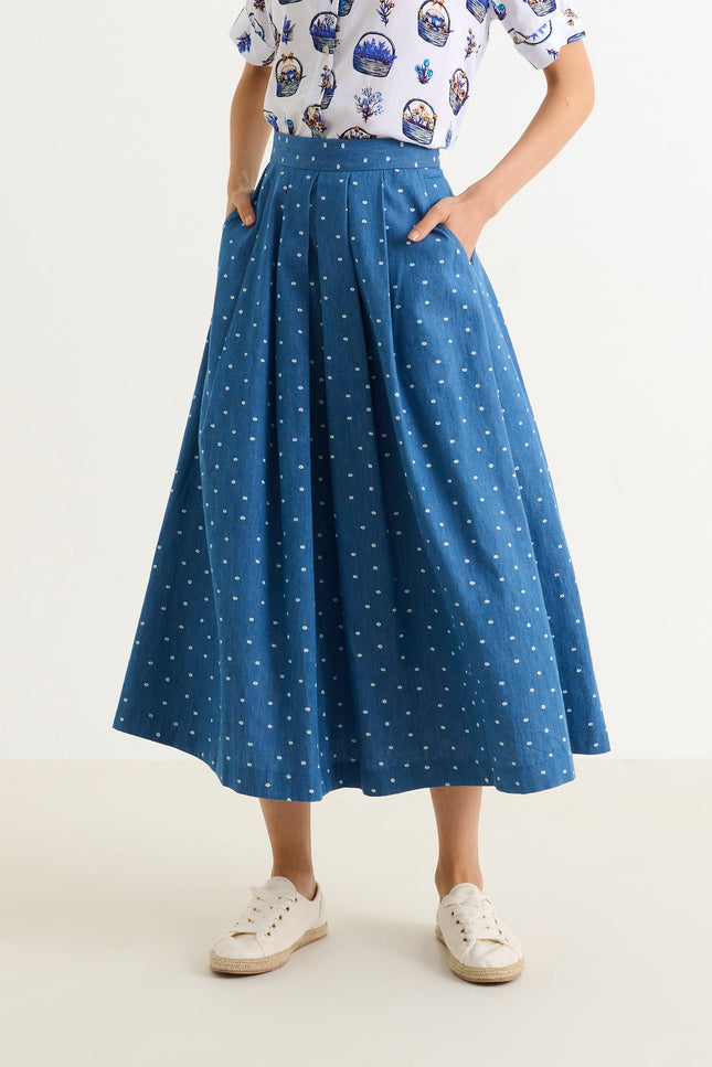 Pasadena Flower Dot Blue Midaxi Skirt - Front
