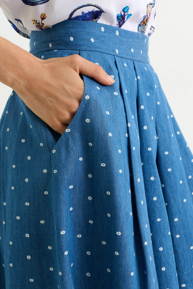 Pasadena Flower Dot Blue Midaxi Skirt - Detail 1