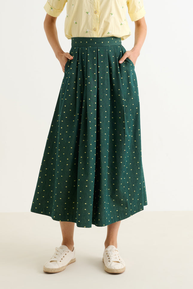 Pasadena Flower Dot Midaxi Skirt- Fern Green - Back