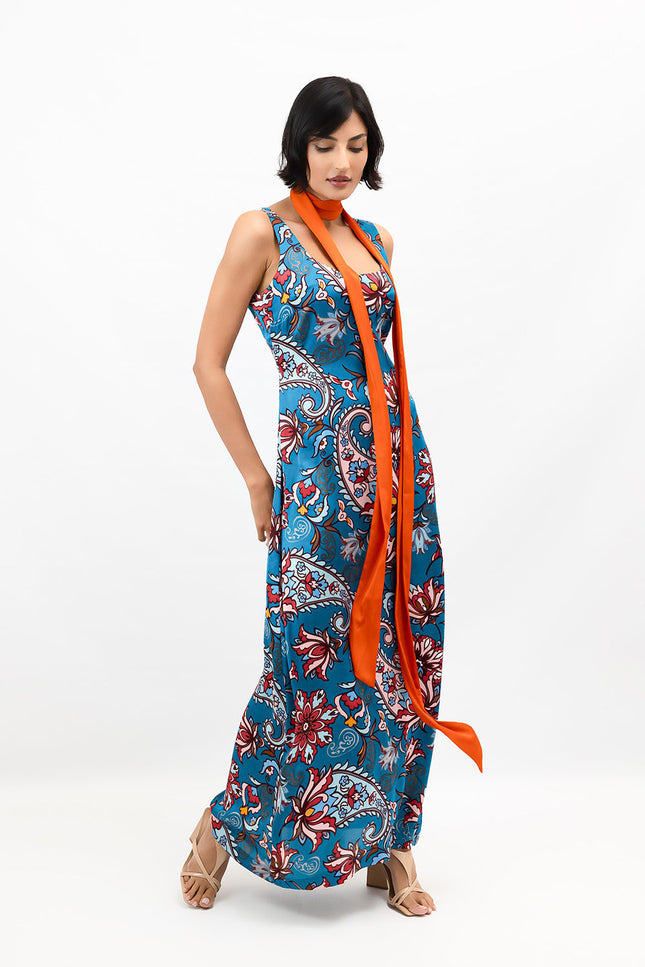 Janara Jones | Blue Floral Paisley Scoop-Neck Maxi Dress