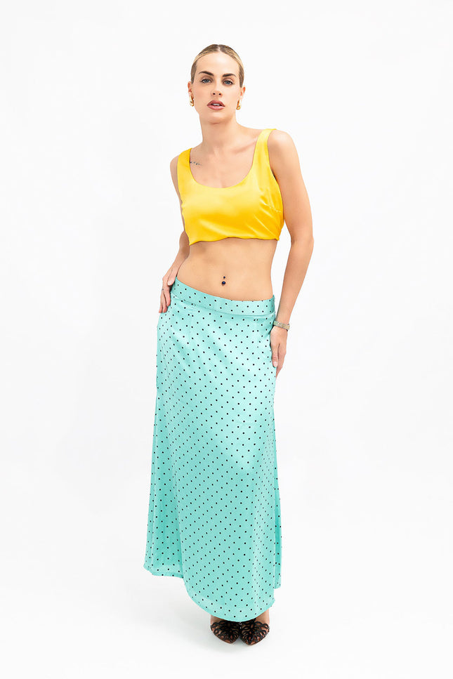 Janara Jones | Aquamarine Polkadot Low-Waisted Maxi Skirt