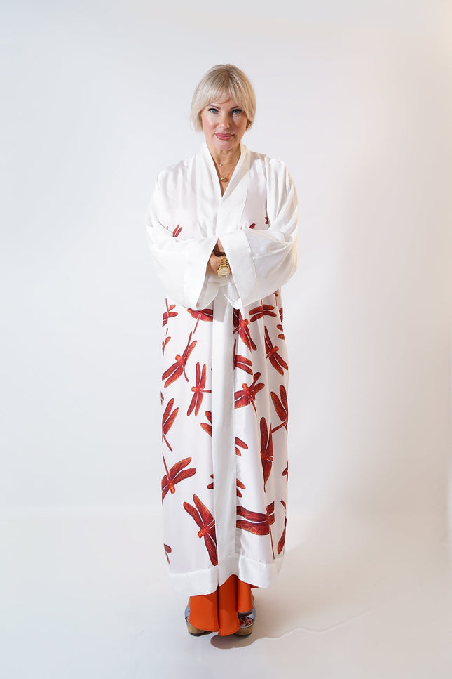 Janara Jones | Red Dragonflies White Satin Abaya Kaftan