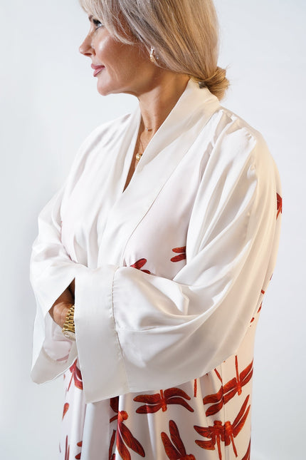 Janara Jones | Red Dragonflies White Satin Abaya Kaftan