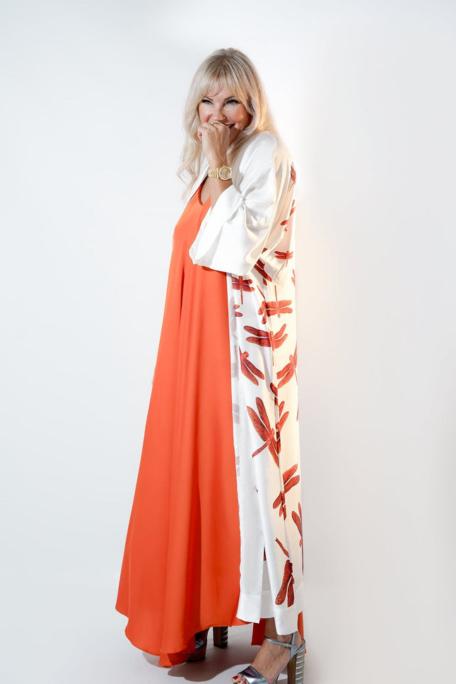 Janara Jones | Red Dragonflies White Satin Abaya Kaftan