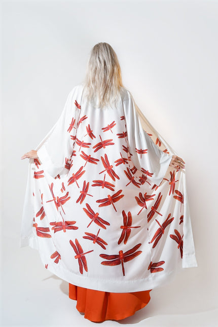Janara Jones | Red Dragonflies White Satin Abaya Kaftan
