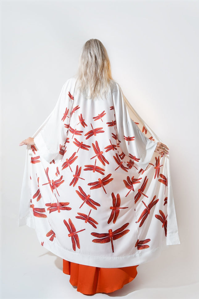 Janara Jones | Red Dragonflies White Satin Abaya Kaftan