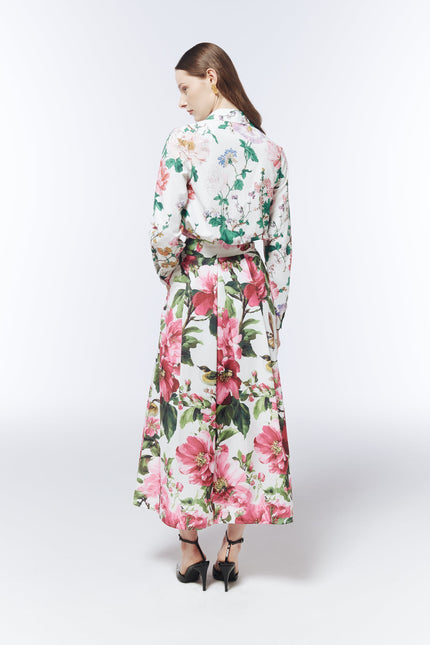 SOUR FIGS pink botanical print maxi skirt in Porcelain White back view