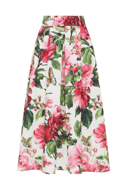 SOUR FIGS long A-line skirt featuring pink flowers, green leaves and butterfly motifs
