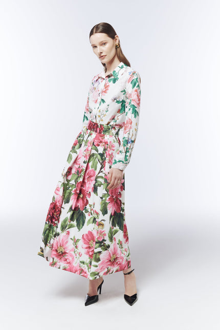 SOUR FIGS floral occasion maxi skirt styled with a printed shirt and pointed heels