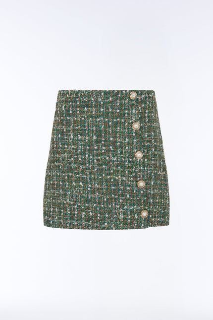 SOUR FIGS emerald metallic bouclé tweed mini skirt with pearl buttons product image