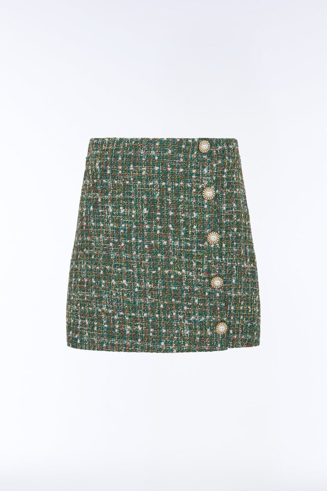 SOUR FIGS emerald metallic bouclé tweed mini skirt with pearl buttons product image