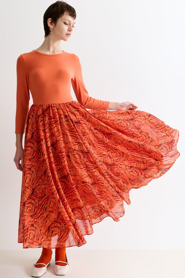Huxley Rosechild Jersey Top Circle Skirt Midi Dress - Apricot - Back