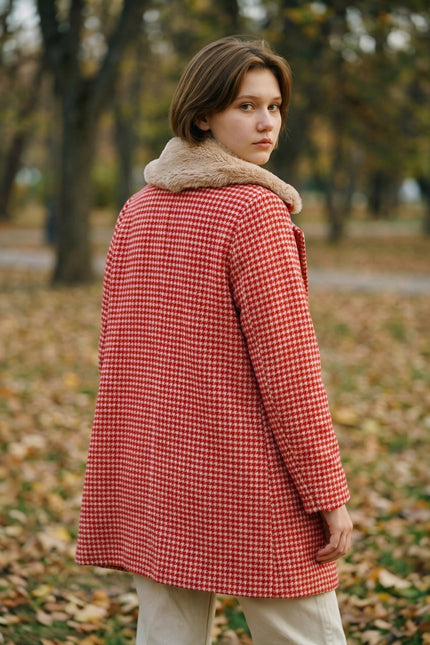 Dryden Herringbone Red And White Collar Coat - Back