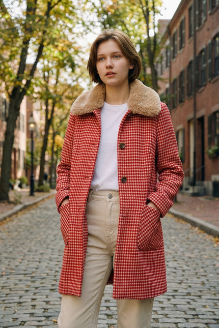 Dryden Herringbone Red And White Collar Coat - Front