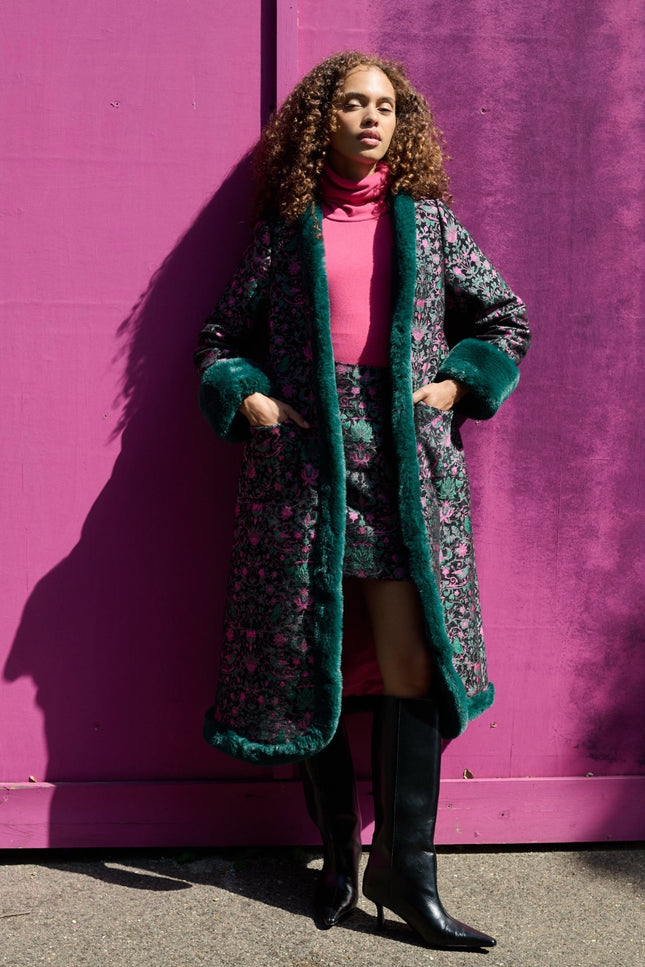Louche London | Delphia Belle Plume Jacquard Fur Trim Opera Coat