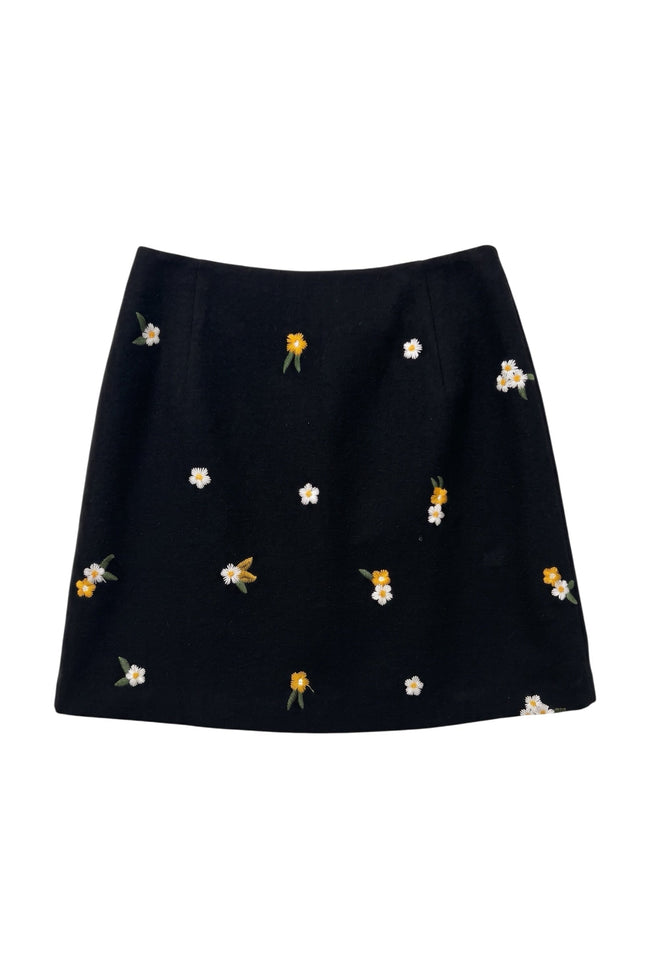 Louche London | Aubin Daisy Embroidered Tweed A-Line Skirt - Black