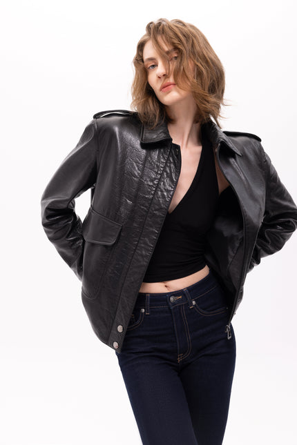 Pica Noir | Aerope Leather Bomber Jacket
