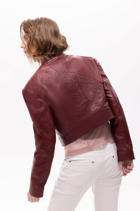 Pica Noir | Mythe Bird Embossed Leather Bomber Jacket