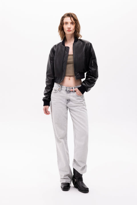 Pica Noir | Pyrha Bird Embroidered Leather Bomber Jacket