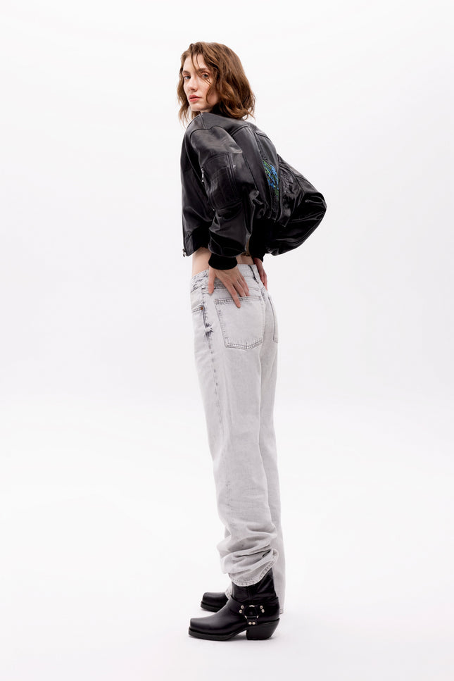 Pica Noir | Pyrha Bird Embroidered Leather Bomber Jacket