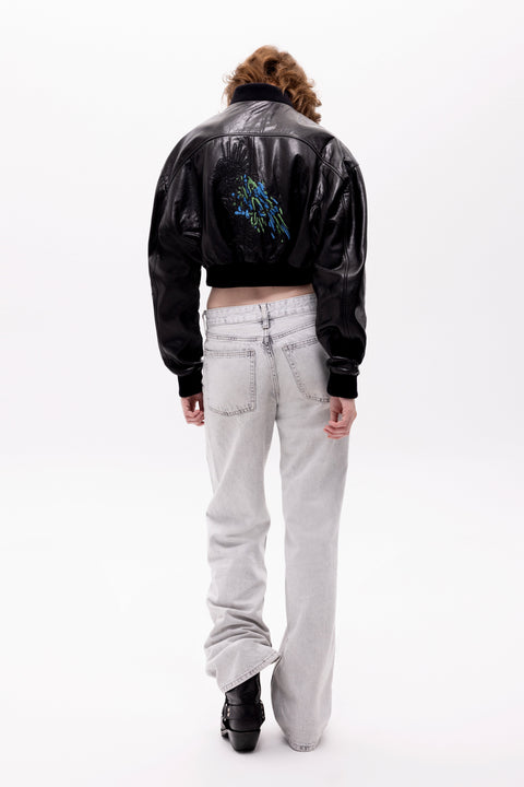 Pica Noir | Pyrha Bird Embroidered Leather Bomber Jacket
