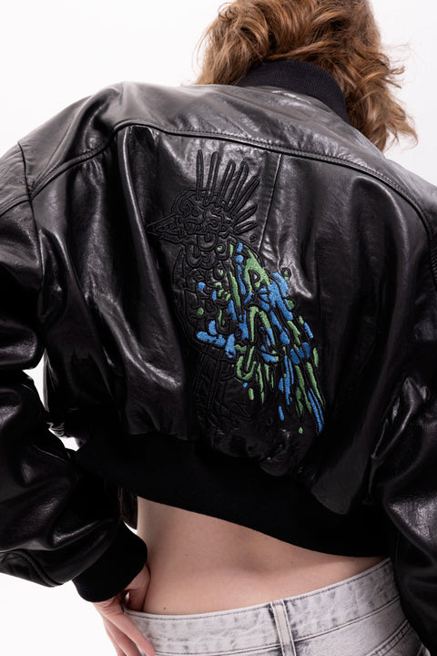 Pica Noir | Pyrha Bird Embroidered Leather Bomber Jacket