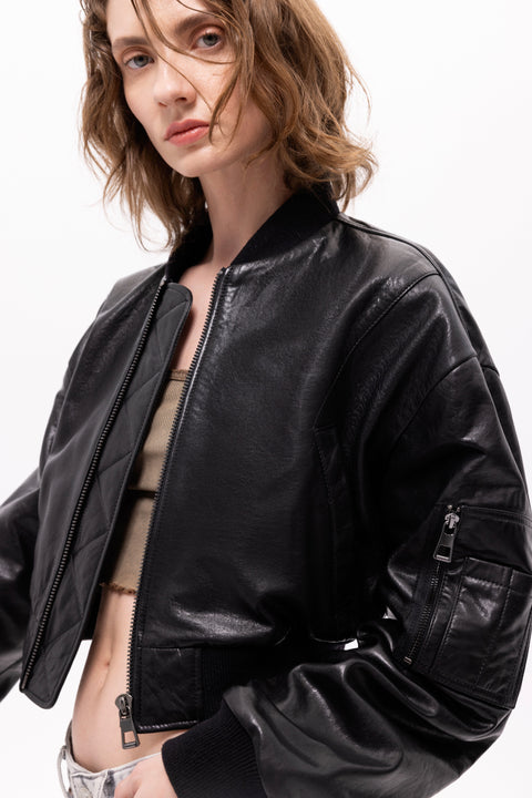 Pica Noir | Pyrha Bird Embroidered Leather Bomber Jacket