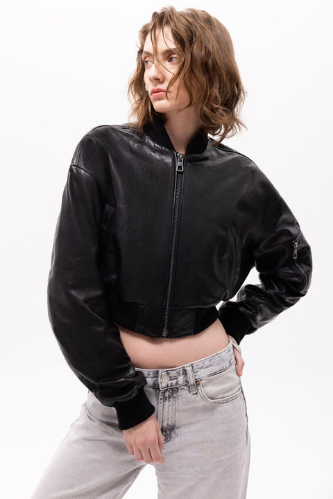 Pica Noir | Pyrha Bird Embroidered Leather Bomber Jacket