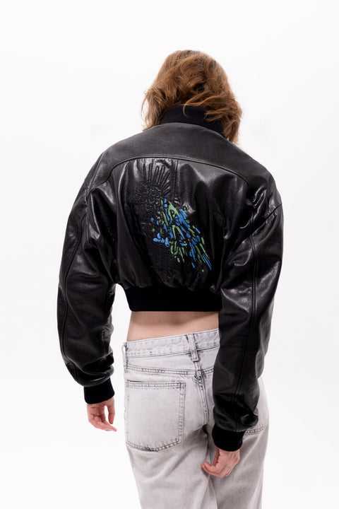 Pica Noir | Pyrha Bird Embroidered Leather Bomber Jacket