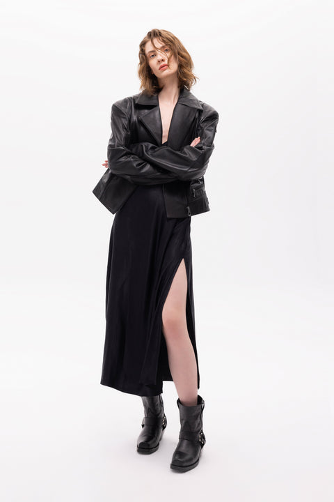 Pica Noir | Medea Bird Embossed Leather Biker Jacket