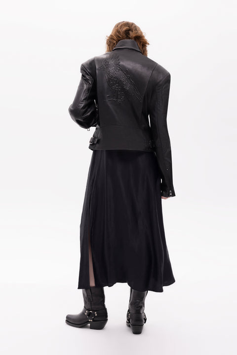 Pica Noir | Medea Bird Embossed Leather Biker Jacket