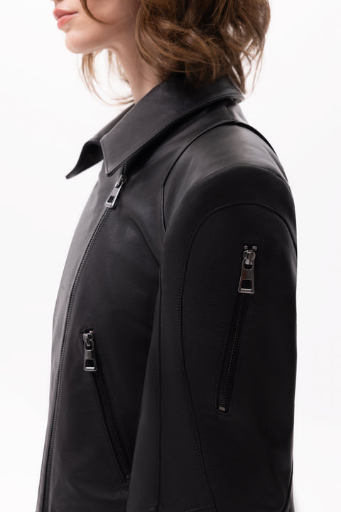 Pica Noir | Medea Bird Embossed Leather Biker Jacket