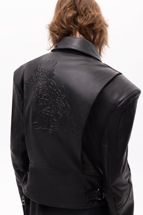 Pica Noir | Medea Bird Embossed Leather Biker Jacket
