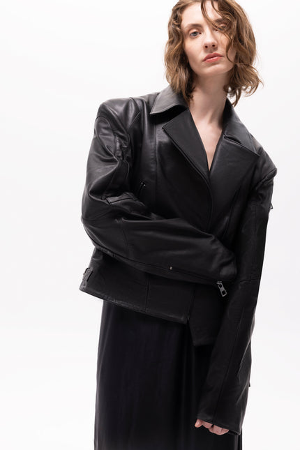 Pica Noir | Medea Bird Embossed Leather Biker Jacket