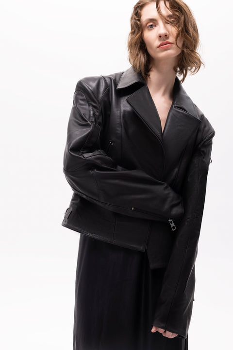 Pica Noir | Medea Bird Embossed Leather Biker Jacket