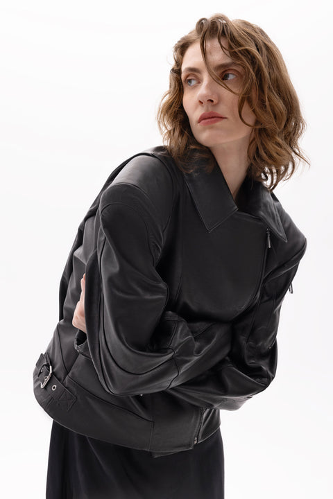 Pica Noir | Medea Bird Embossed Leather Biker Jacket