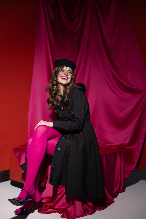 RainSisters | Fitted Coat with Full Circle Skirt in Black with Fuchsia Pink Lining 'Pink Ruby'