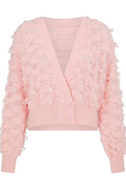 SOUR FIGS Fringed Checkerboard Cardigan in Pink