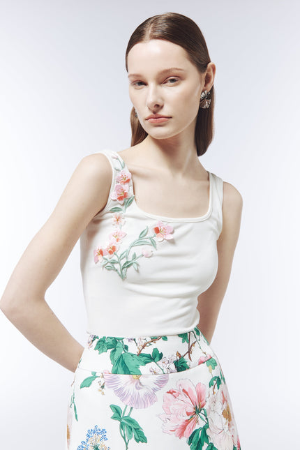 SOUR FIGS Pink Blossom-Appliqué Square-Neck Tank Top in Ivory White with delicate floral embroidery.