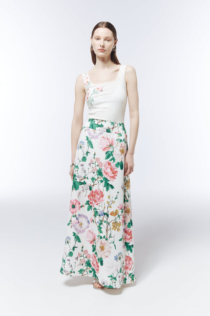 SOUR FIGS Ivory White square-neck top with pink flowers, coral centres and green embroidered stems.