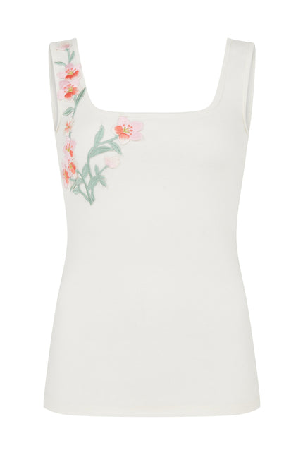 SOUR FIGS sleeveless pink blossom appliqué top styled with a printed midi skirt.