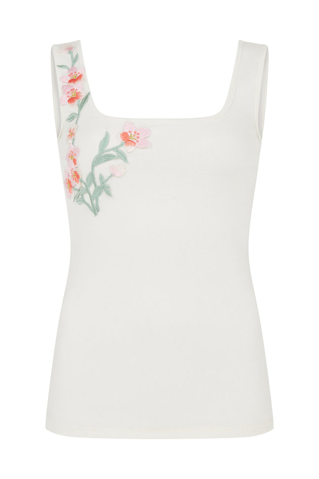SOUR FIGS sleeveless pink blossom appliqué top styled with a printed midi skirt.